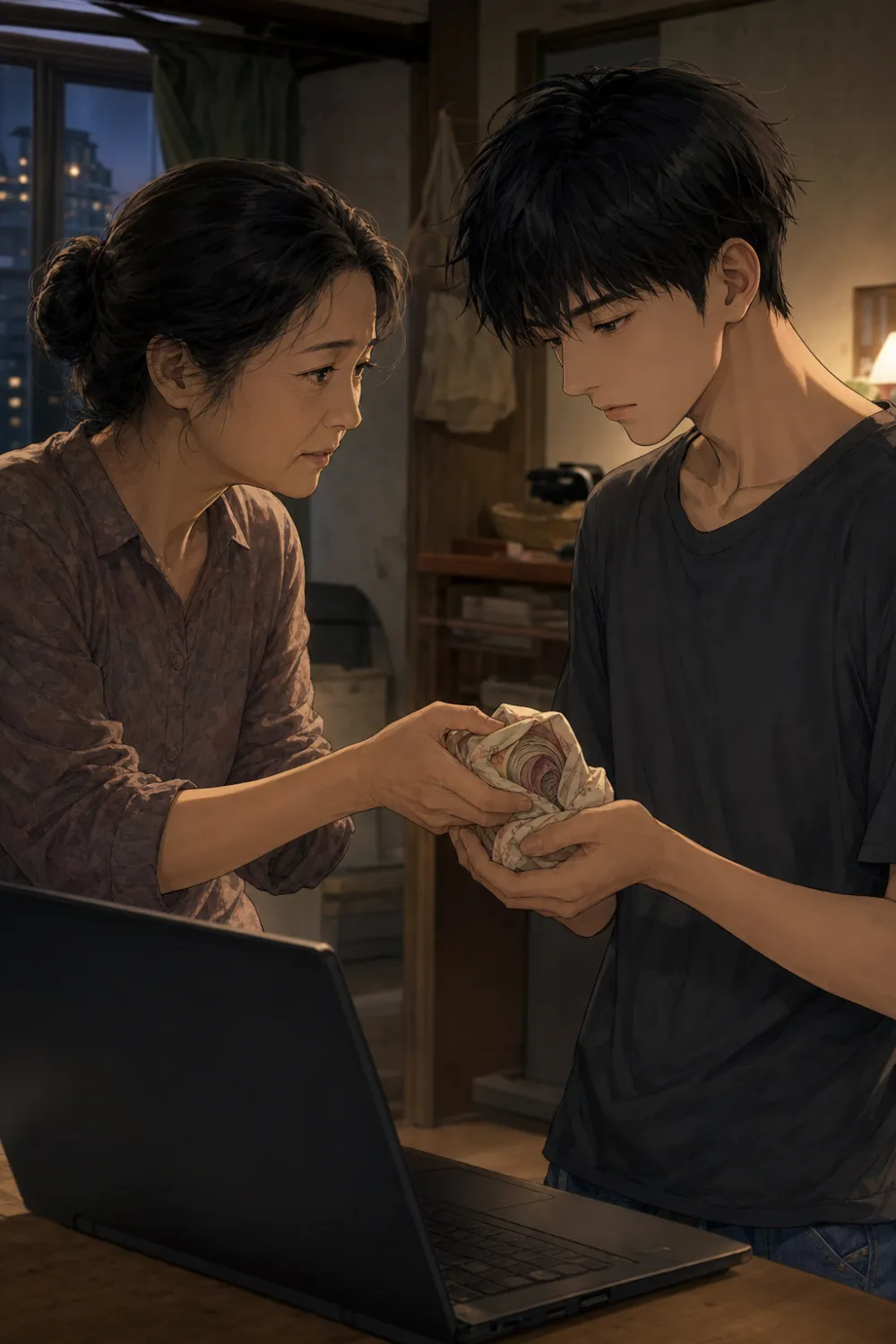 「这是两千块，妈给你单独存的。在外头，钱是胆。」用手绢，包了一层又一层。